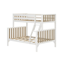 White wooden twin-over-full bunk bed with natural wood slat accents and integrated ladder, slatted headboards and footboards, sturdy space-saving children's bedroom furniture