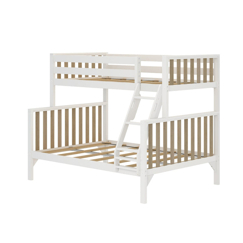 White wooden twin-over-full bunk bed with natural wood slat accents and integrated ladder, slatted headboards and footboards, sturdy space-saving children's bedroom furniture