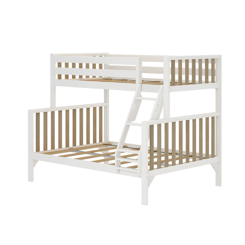 White wooden loft bunk bed with ladder and natural wood slatted guardrails, modern kids' bed frame with sturdy slats and white finish