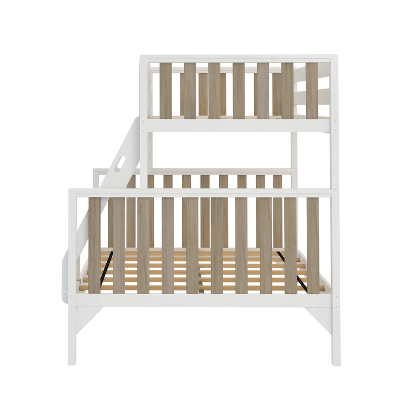 White wooden twin-over-twin bunk bed with natural wood slats, integrated ladder and safety guardrails on white background