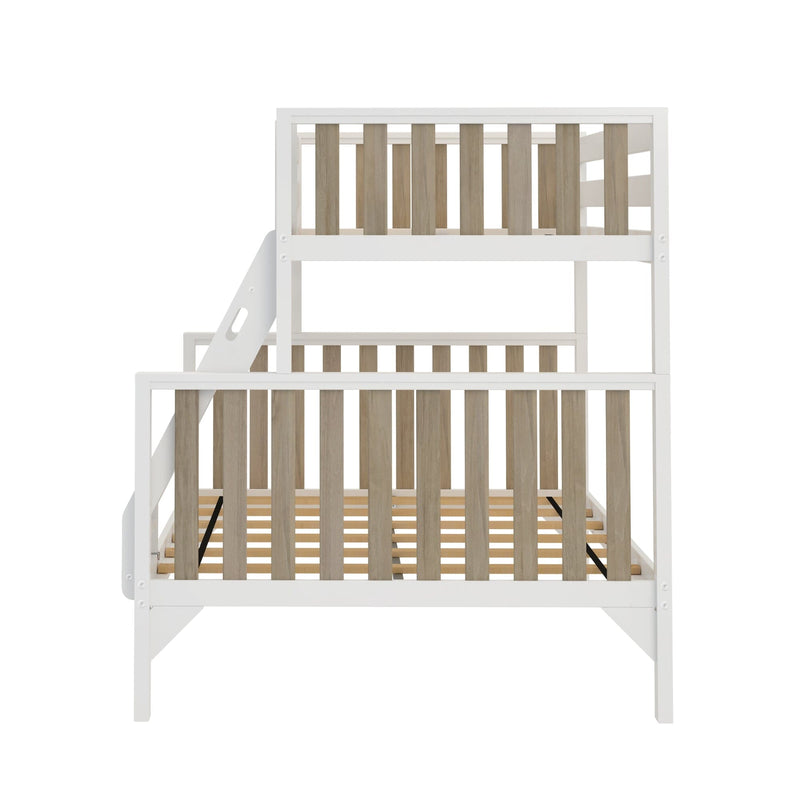 White wooden twin-over-twin bunk bed with natural wood slats, integrated ladder and safety guardrails on white background
