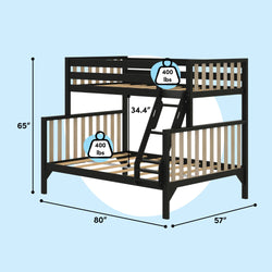 Black wooden twin-over-full bunk bed with slatted guardrails and angled ladder, 80 in L x 57 in W x 65 in H, 34.4 in clearance, 400 lb capacity per bed