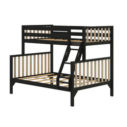 Black bunk bed frame with natural wood slats, twin-over-full configuration, slatted guardrails and attached ladder, space-saving modern kids' bedroom furniture