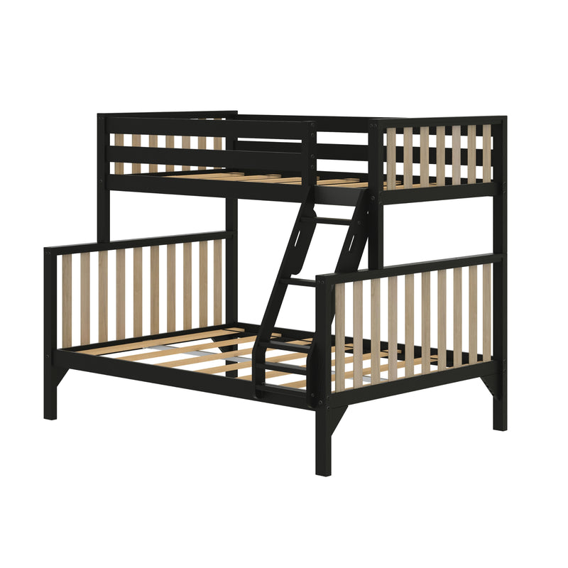 Black wooden bunk bed with natural wood slat panels, angled ladder and space-saving loft design