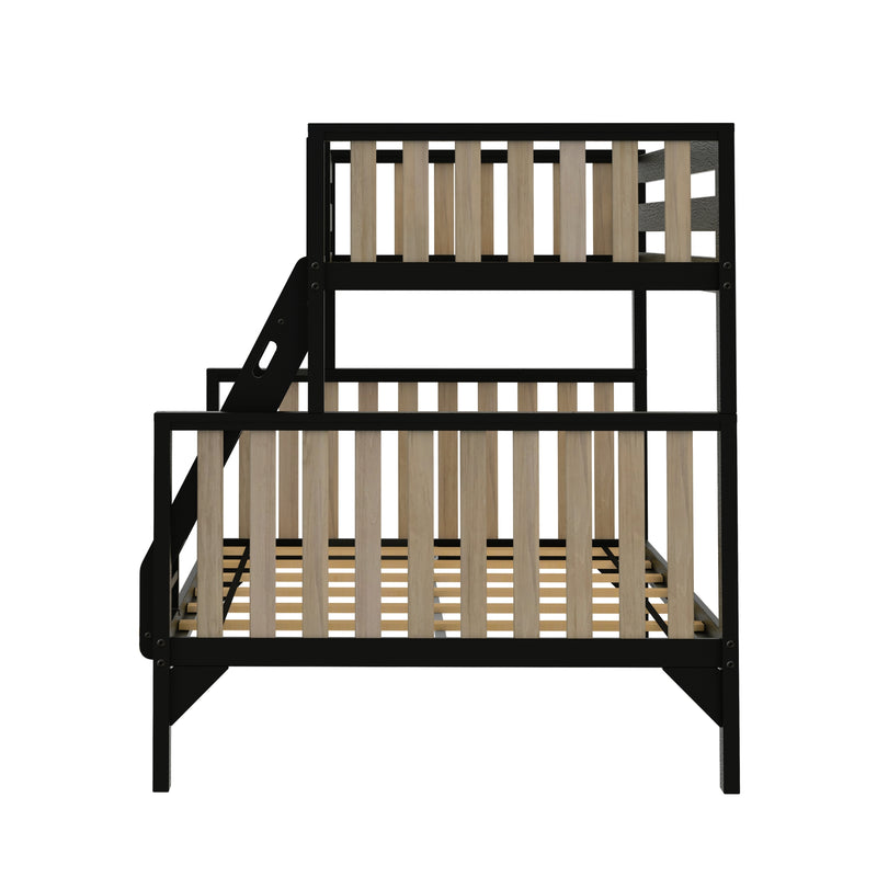 Modern black metal bunk bed frame with natural wood slats and built-in ladder, minimalist loft-style space-saving bedroom furniture
