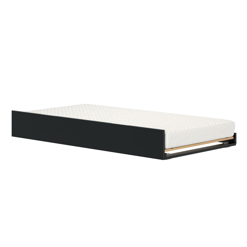 Modern black platform bed frame with white quilted mattress and visible wooden slats, low-profile minimalist bedroom furniture