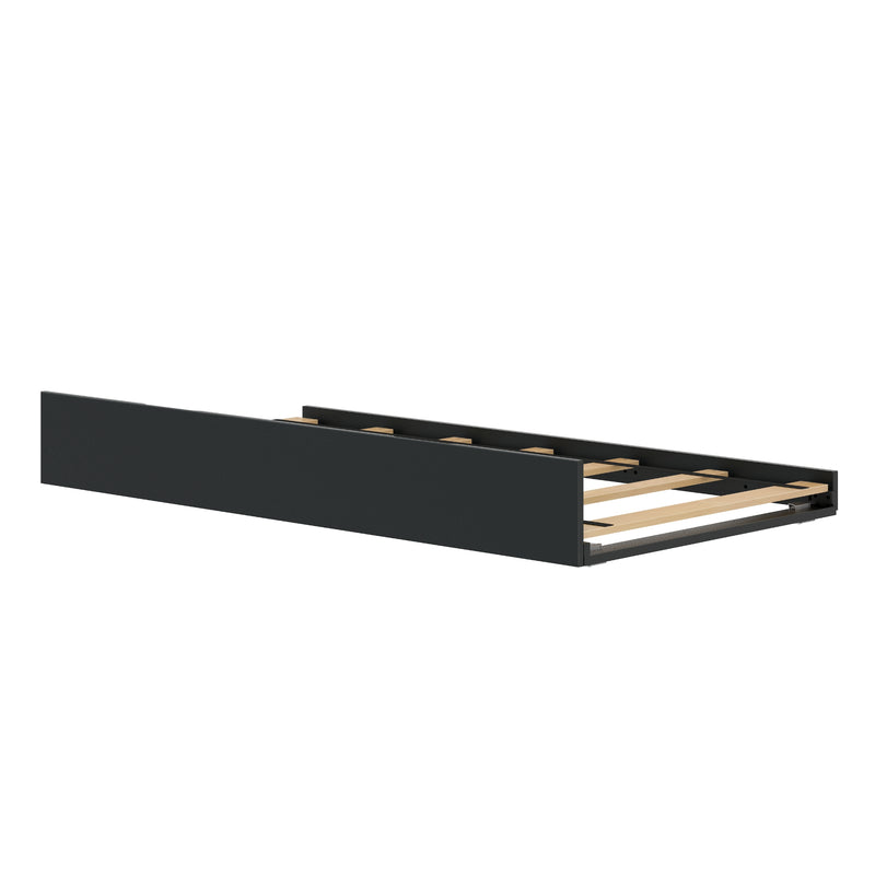 Matte black modern low-profile platform bed frame with exposed wooden slats and minimalist panel design, contemporary bedroom furniture.