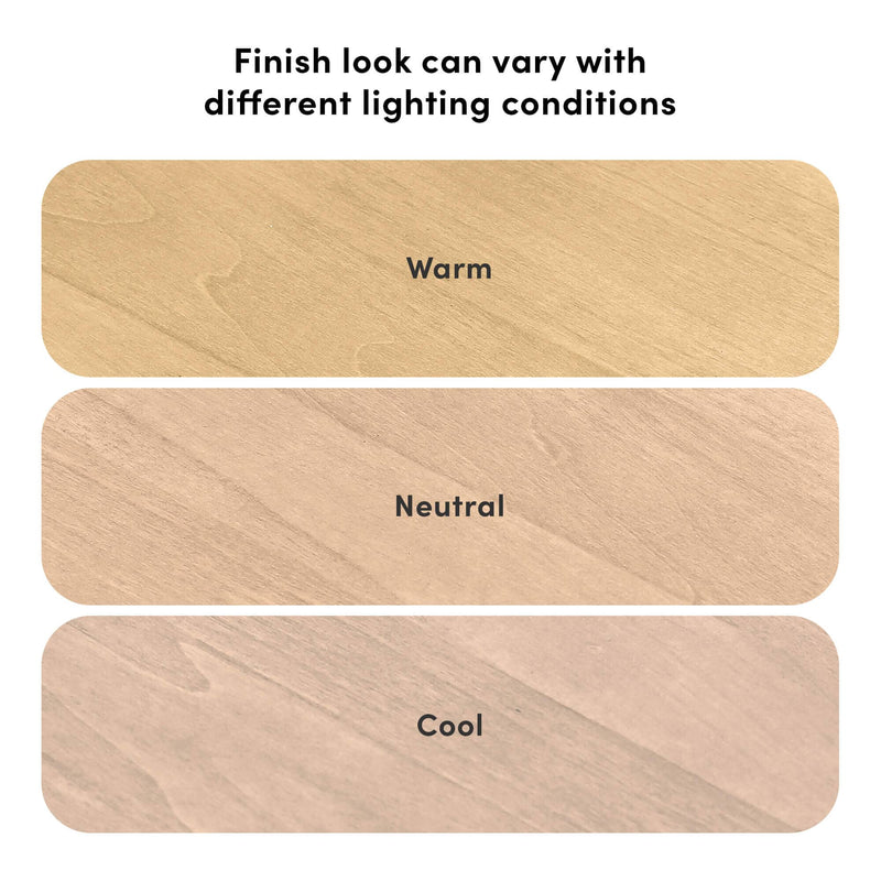 Wood finish samples showing warm, neutral, and cool lighting variations with header "Finish look can vary with different lighting conditions