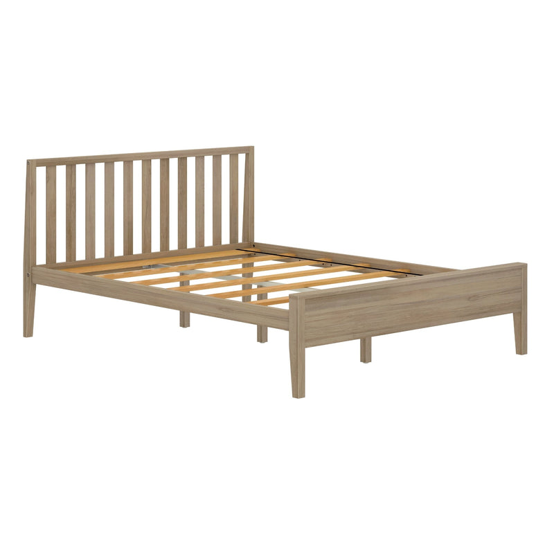 Light oak wooden platform bed frame with vertical slatted headboard and slatted mattress support, minimalist bedroom furniture