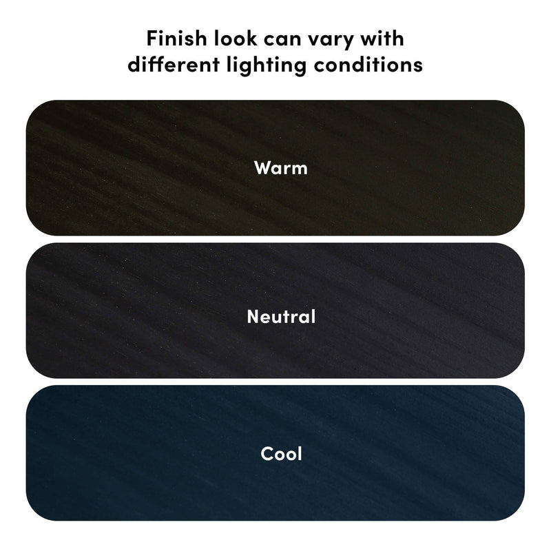 Wood finish sample swatches under different lighting conditions labeled Warm, Neutral, Cool