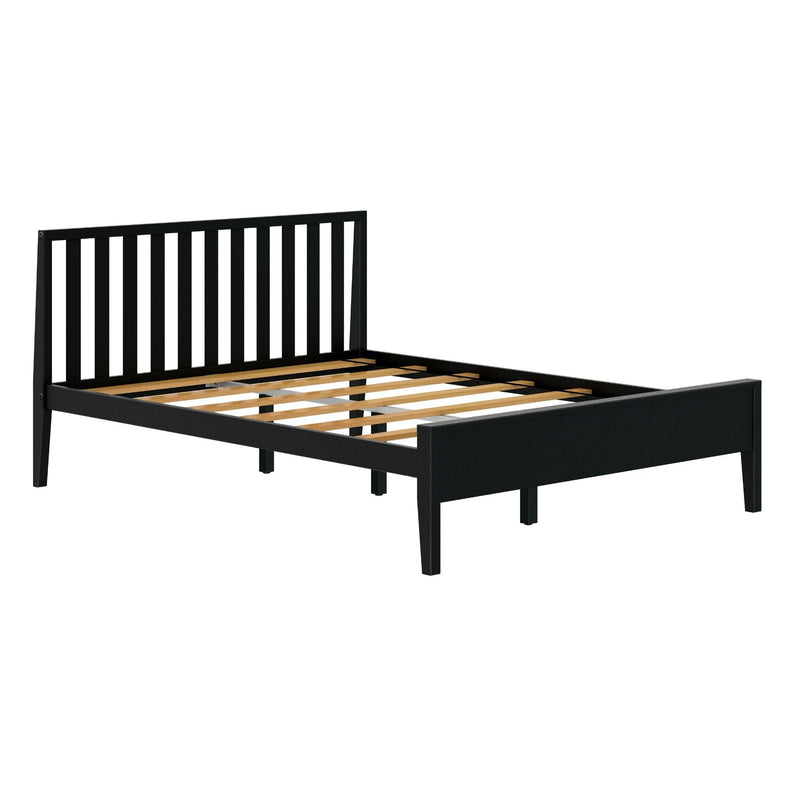 Black wooden platform bed frame with vertical slatted headboard, wooden slats and center support beam, modern minimalist bedroom furniture