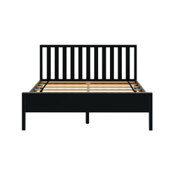 Black wooden platform bed frame with vertical slat headboard.