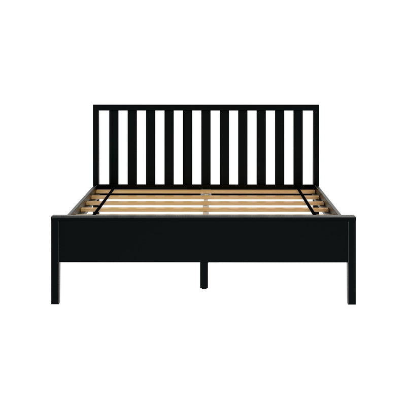 Black wooden platform bed frame with vertical slatted headboard and wooden slats, modern minimalist bedroom furniture