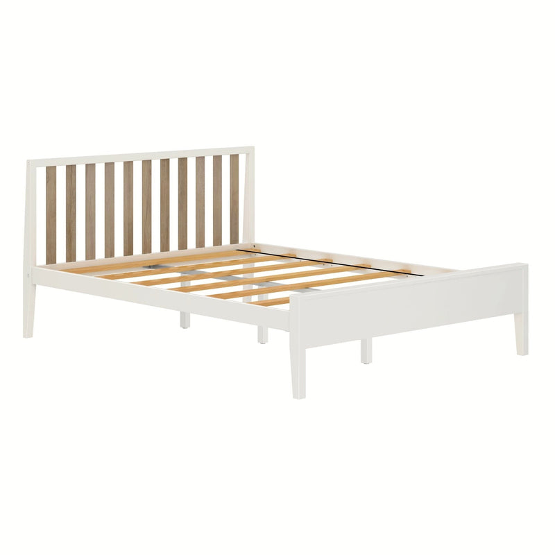White wooden platform bed frame with vertical slatted natural wood headboard and wooden slats