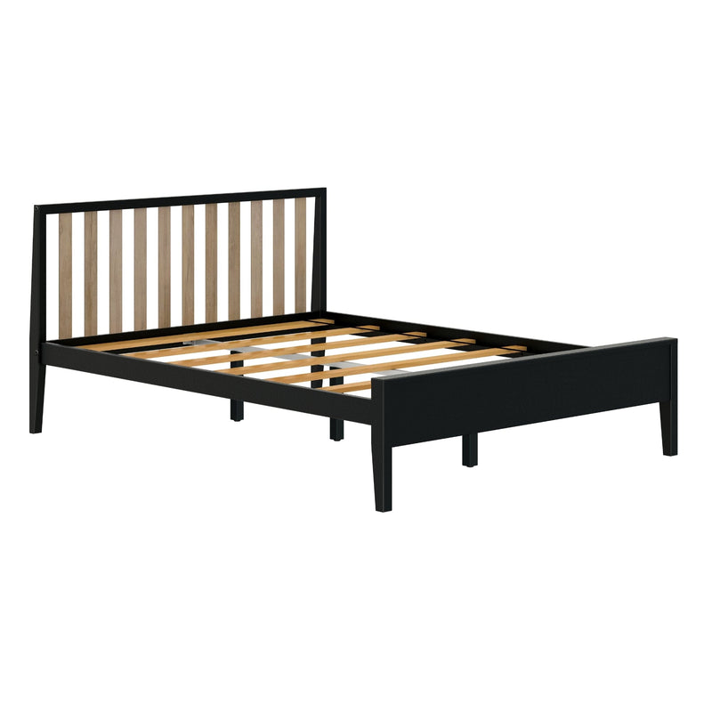 Black metal platform bed frame with vertical natural wood slat headboard and wooden slat support rails, modern minimalist bedroom furniture