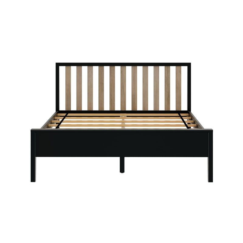 Black metal platform bed frame with vertical natural wood slat headboard and wooden slat mattress support, modern industrial bedroom furniture