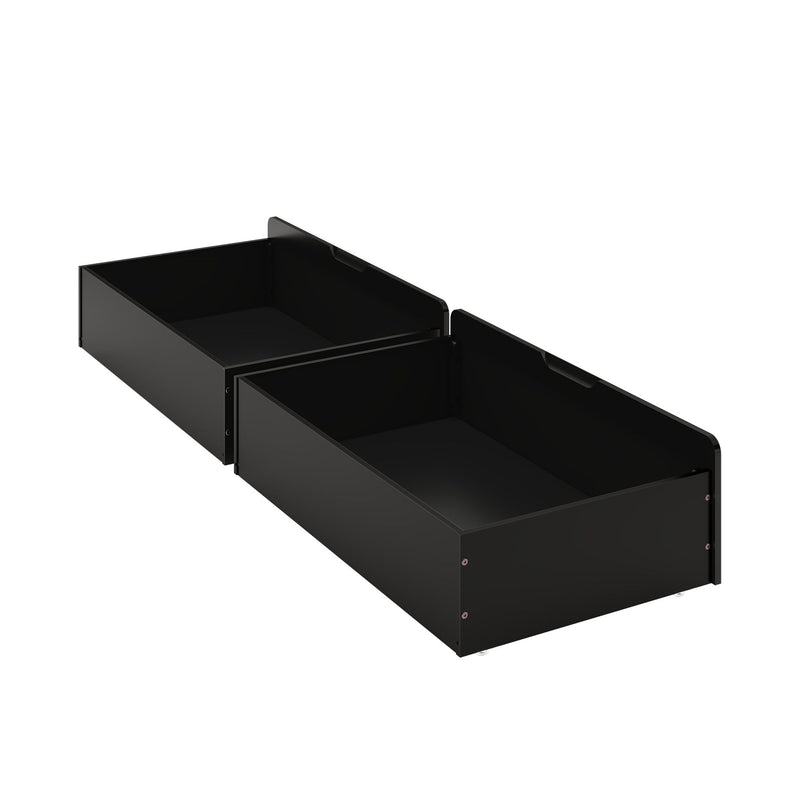 Set of three black stackable plastic storage bins, modular open-top organizer drawers for workshop, garage or office shelving