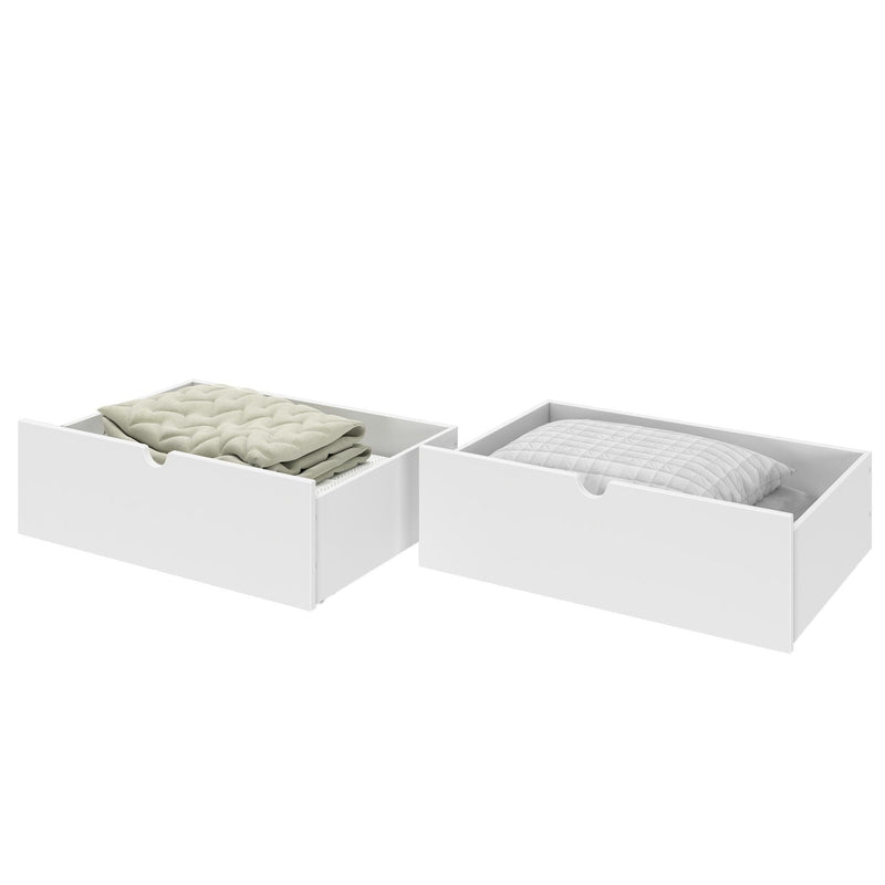 White under-bed storage drawers with folded beige blanket and quilted bedding, space-saving bedroom storage solution