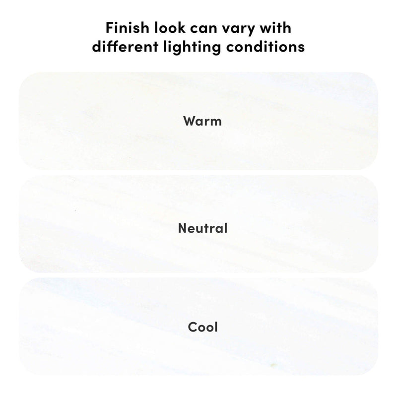 Graphic of three swatches labeled Warm, Neutral, Cool with caption "Finish look can vary with different lighting conditions" showing how lighting temperature affects paint finish appearance