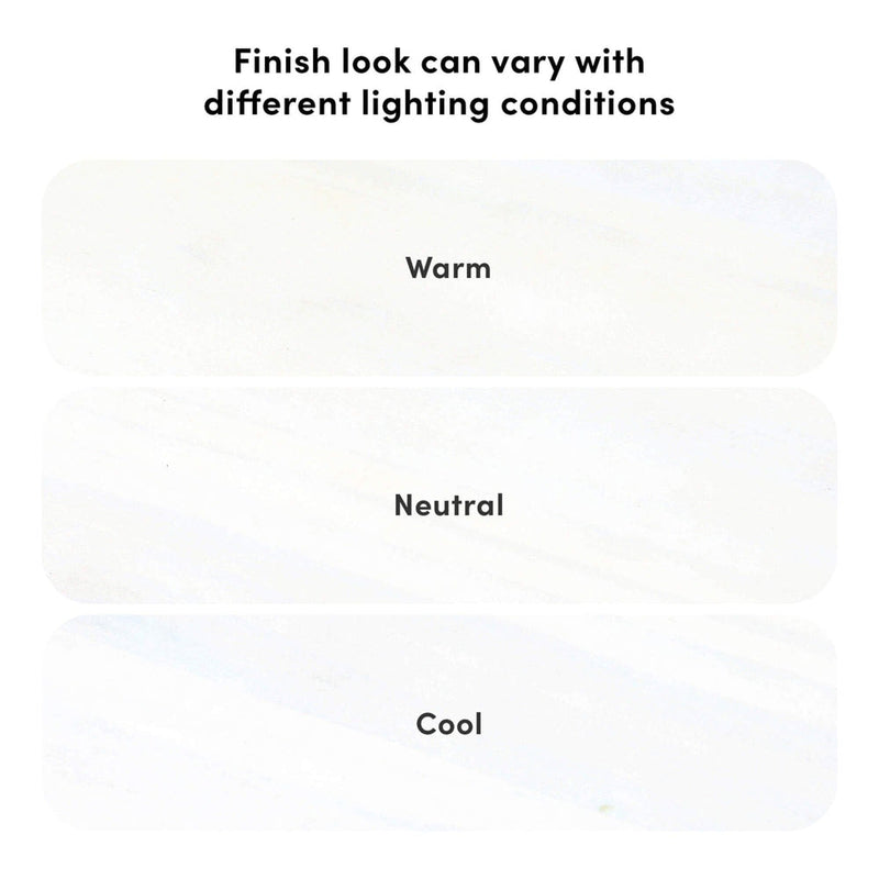 Graphic of three swatches labeled Warm, Neutral, Cool with caption "Finish look can vary with different lighting conditions" showing how lighting temperature affects paint finish appearance