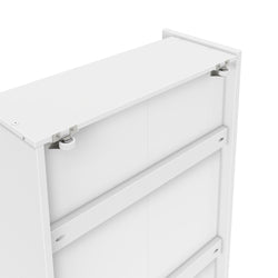 White metal shelf with adjustable hinges and shelving supports.