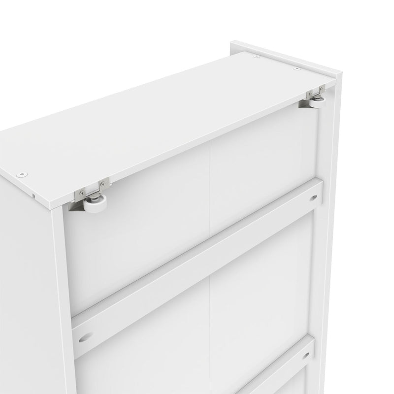 Close-up of sliding door hardware: white roller and adjustable metal bracket on modern closet door track