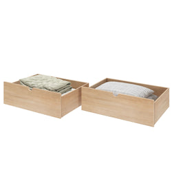 Wooden under bed storage drawers with folded quilts and pillow, perfect for optimizing bedroom space and organization.