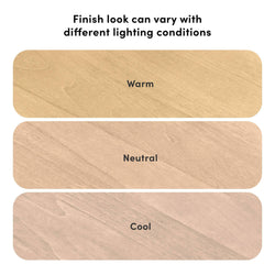 Comparison of wood finish tones under different lighting: warm, neutral, and cool shades.