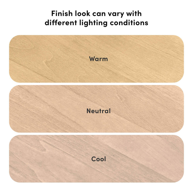 Wood flooring finish swatches labeled Warm, Neutral and Cool with heading Finish look can vary with different lighting conditions, showing color variation