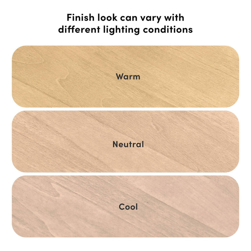Wood flooring finish swatches labeled Warm, Neutral and Cool with heading Finish look can vary with different lighting conditions, showing color variation