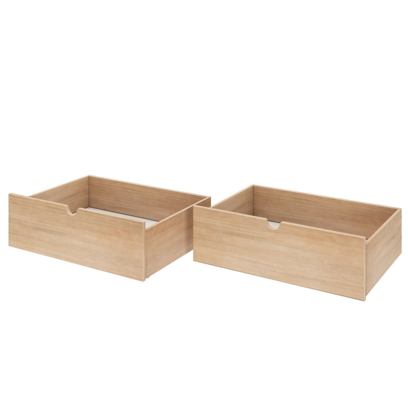 Set of two light oak wooden under-bed storage drawers with cutout handles for bedroom organization and space-saving storage