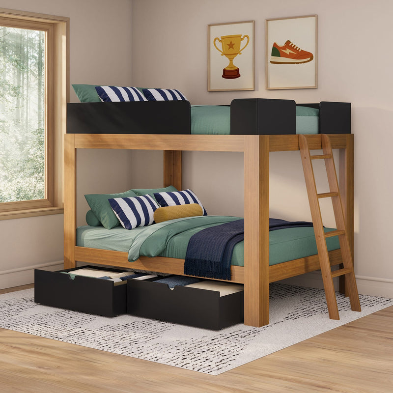 Wooden kids' bunk bed with ladder, under-bed storage drawers, green bedding and striped pillows in a modern sunlit bedroom