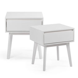White modern bedside tables with sleek, minimalist design and single drawers.