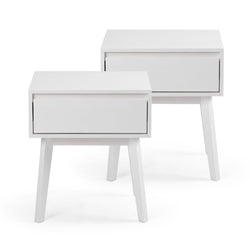 Pair of modern white nightstands with mid-century design and sleek drawer for bedroom storage.