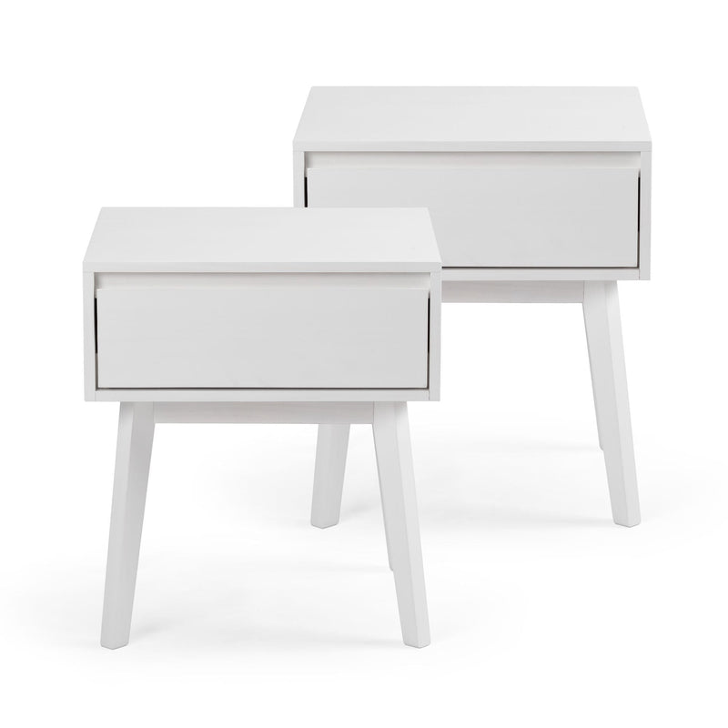 Set of two white mid-century modern bedside tables with single drawer and tapered wooden legs, Scandinavian bedroom nightstands