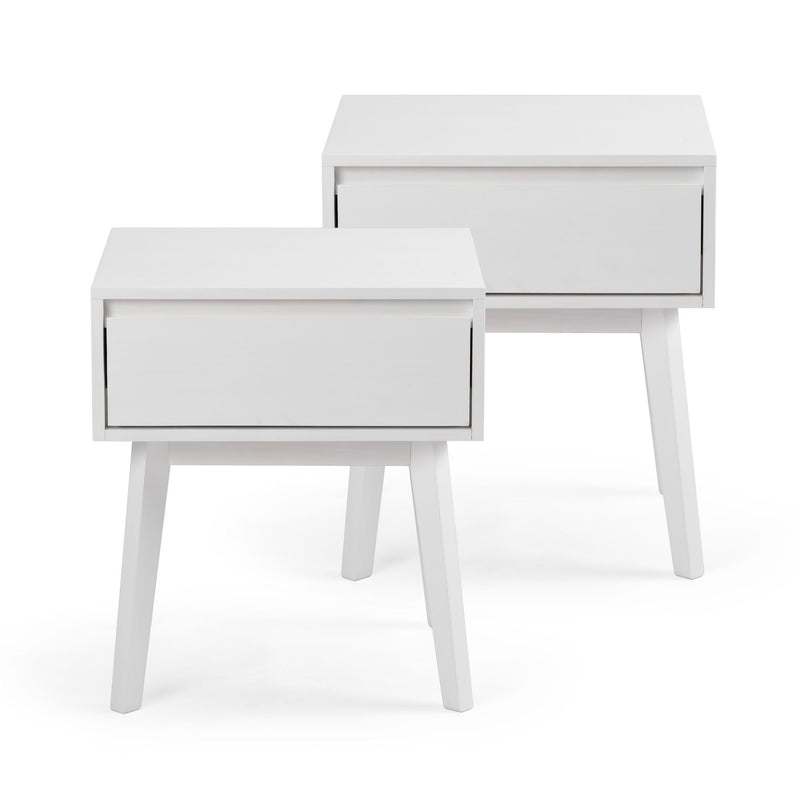 Pair of minimalist white wooden bedside tables with single drawer and tapered legs, modern Scandinavian nightstands for bedroom storage