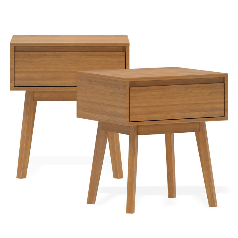 Pair of mid-century modern oak nightstands with single drawers and tapered legs, minimalist wooden bedside tables for bedroom storage