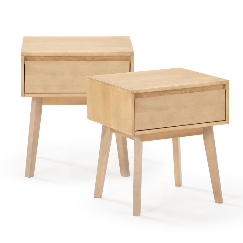 Pair of mid-century modern light maple wooden nightstands with single drawer and tapered legs, minimalist bedside tables for bedroom