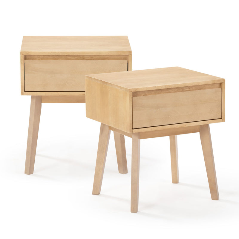 Pair of light natural wood bedside tables with single drawer and tapered legs — modern minimalist nightstands for bedroom storage