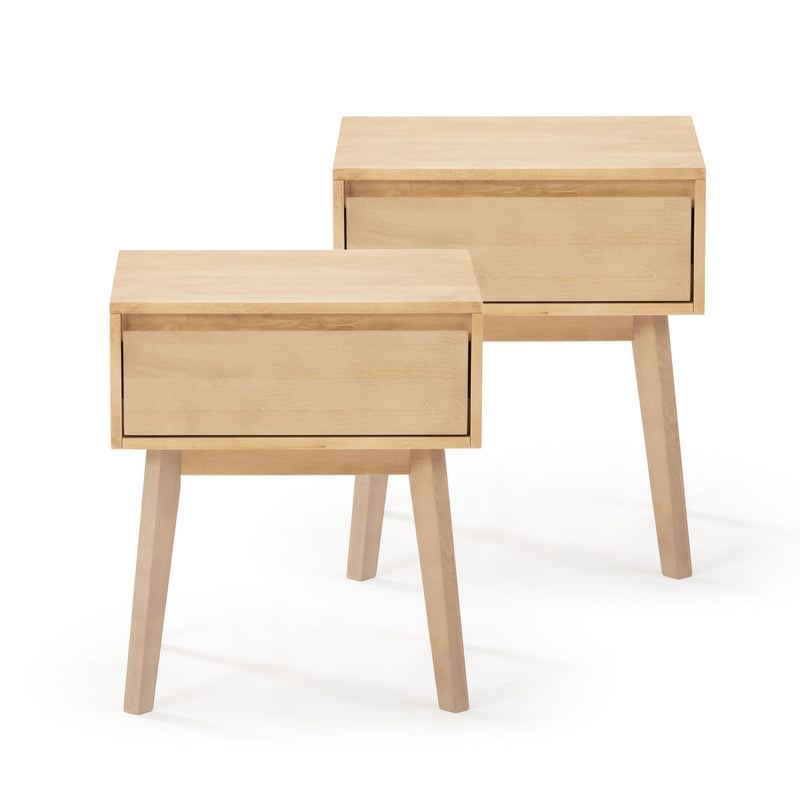Set of two Scandinavian maple nightstands — light wood bedside tables with single drawers and tapered legs