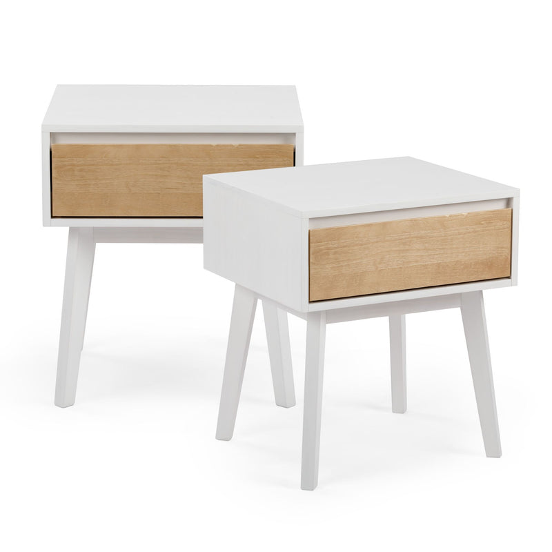 Pair of modern white bedside tables with natural wood drawer fronts and angled legs, minimalist mid-century nightstands for bedroom storage