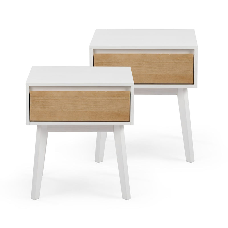 Pair of modern white bedside tables with natural wood drawer fronts and angled legs, Scandinavian minimalist nightstands/side tables on white background