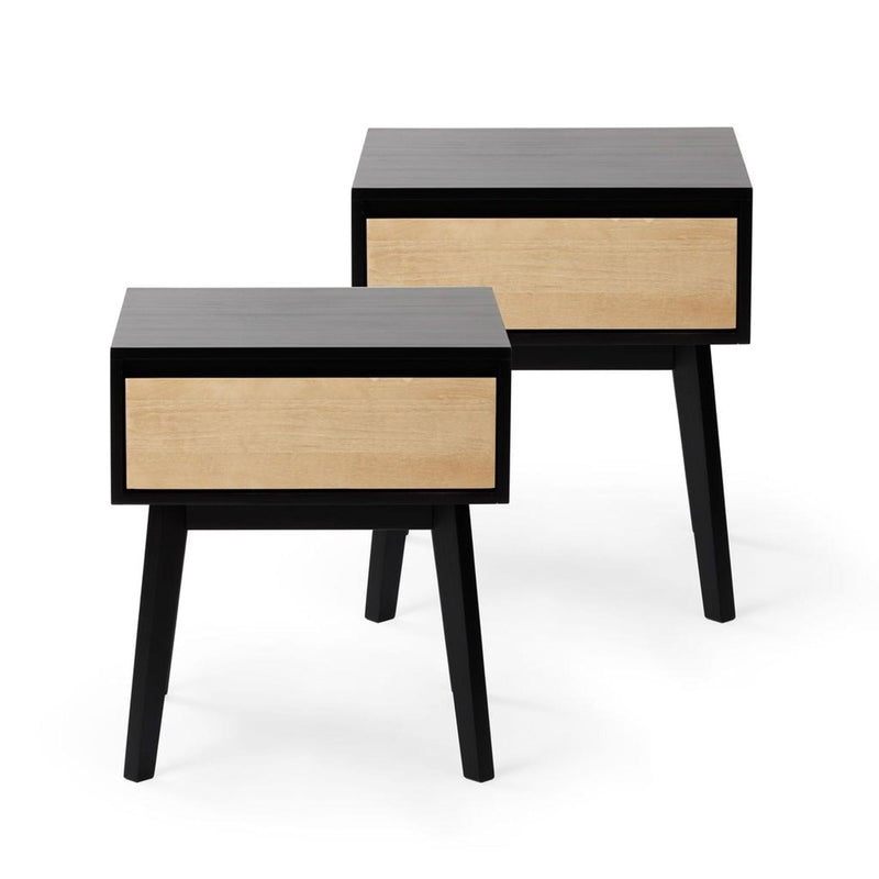 Pair of mid-century modern black bedside tables with natural wood drawer, angled legs and single-drawer storage.