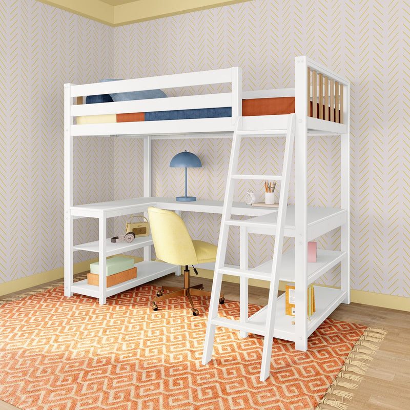 Modern white loft bed with built-in desk and ladder in kids bedroom, yellow swivel chair, blue desk lamp, orange geometric rug and patterned wallpaper