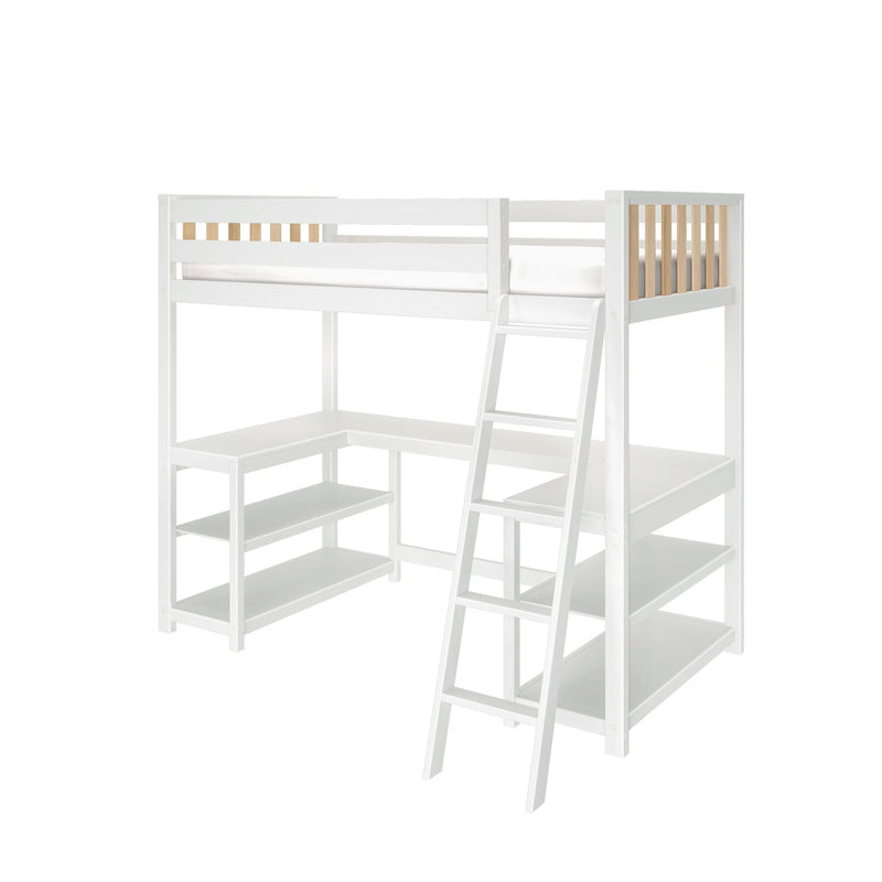 White wooden loft bed with ladder, built-in desk and open storage shelves, natural wood slat guardrail, modern space-saving kids bedroom furniture