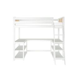 White loft bed with built-in desk and shelves, featuring ladder access for maximizing bedroom space.