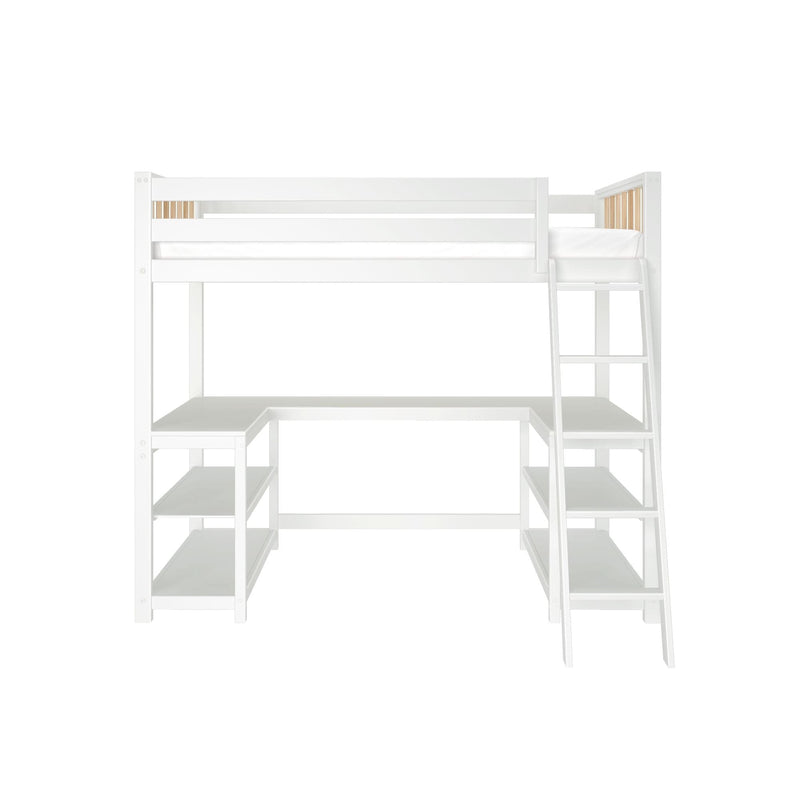White loft bed with ladder, built-in desk and open shelving underneath, space-saving modern kids' bedroom furniture with wood slat accents