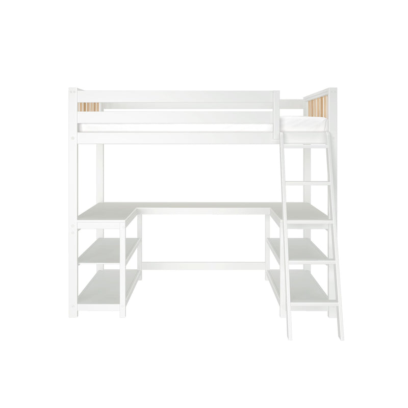 White loft bed with integrated L-shaped desk, ladder and open shelving — space-saving kids' study and storage solution
