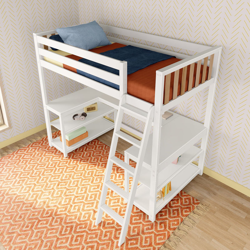 White wooden twin loft bed with ladder, built-in desk, storage shelves and study space in children's bedroom with orange geometric rug and gold-accent wallpaper