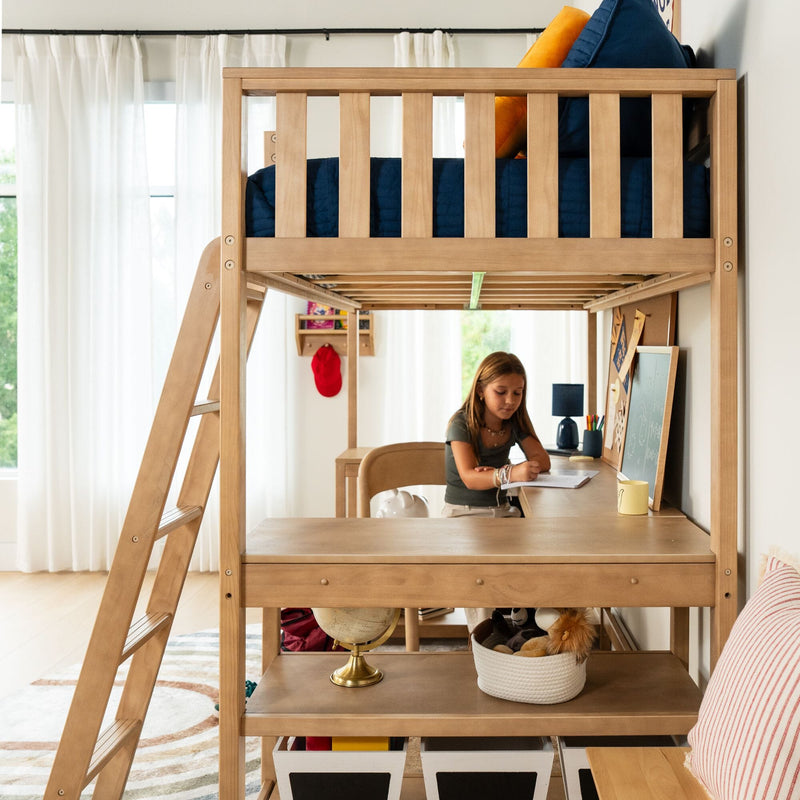 Space-saving wooden kids loft bed with built-in desk and ladder, girl studying at organized study area with globe and storage baskets